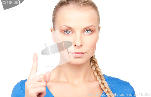 Image of woman with her finger up 
