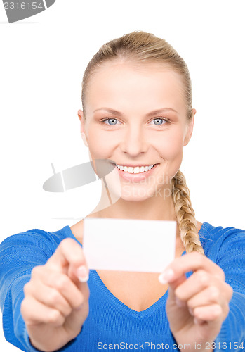 Image of happy woman with business card