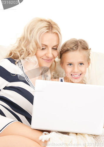Image of happy mother and child with laptop computer