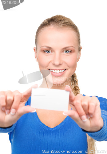 Image of happy woman with business card