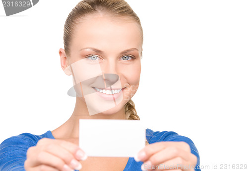 Image of happy woman with business card