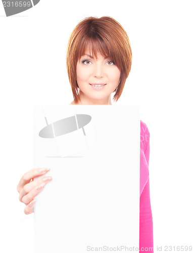 Image of happy woman with blank board 