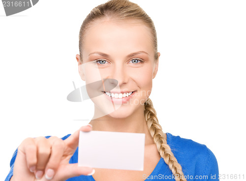 Image of happy woman with business card