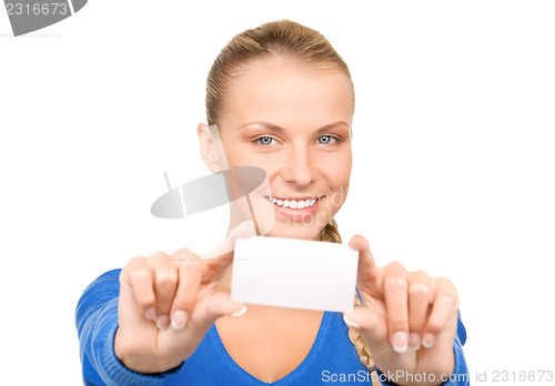 Image of happy woman with business card