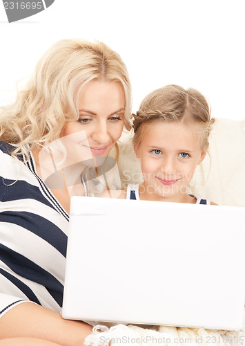 Image of happy mother and child with laptop computer