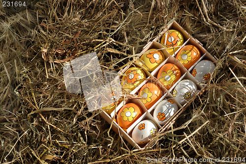 Image of easter-eggs in box in hay