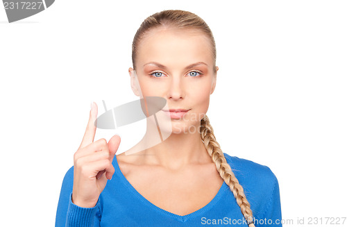 Image of woman with her finger up 