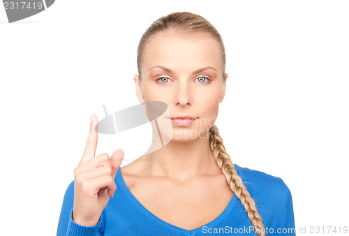 Image of woman with her finger up 