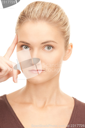 Image of pensive businesswoman over white