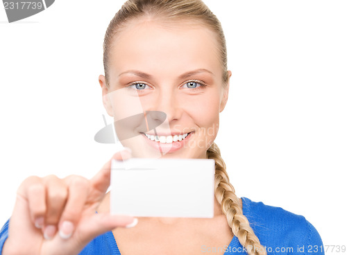 Image of happy woman with business card