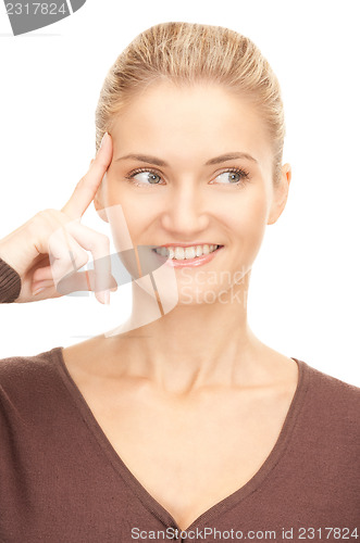 Image of pensive businesswoman over white