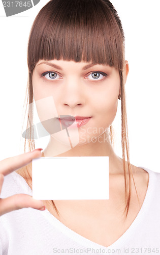 Image of happy woman with business card