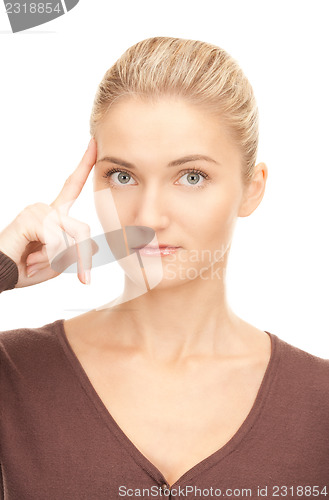 Image of pensive businesswoman over white