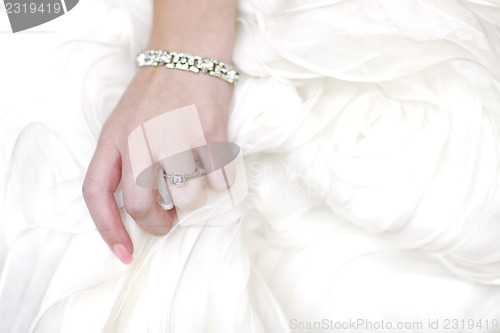 Image of Ring of Bride Against Her Dress With Copy Space