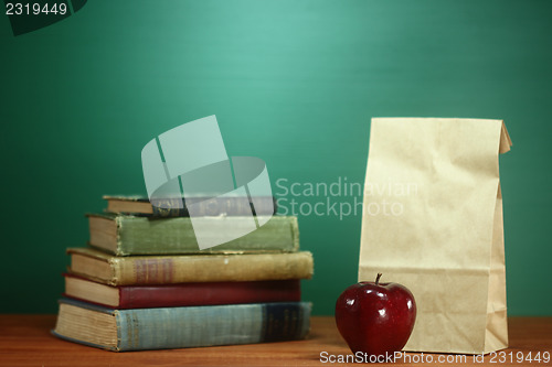 Image of Books, Apple and Lunch on Teacher Desk
