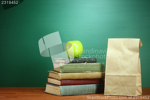 Image of Books, Apple and Lunch on Teacher Desk