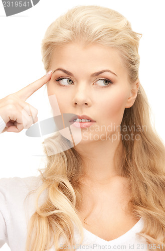 Image of pensive businesswoman over white