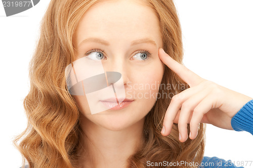 Image of pensive businesswoman over white