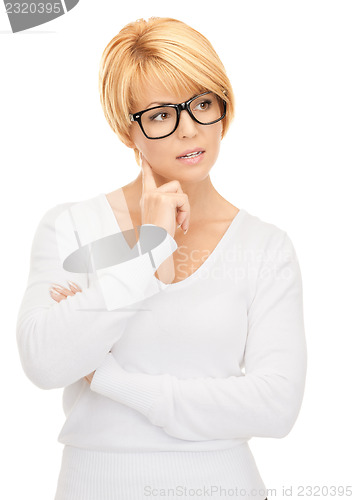 Image of pensive businesswoman over white