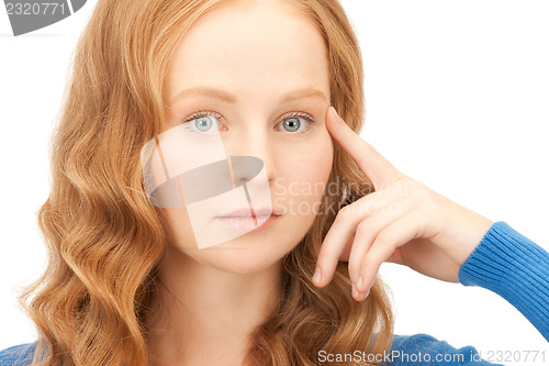 Image of pensive businesswoman over white