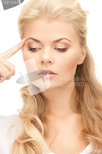 Image of pensive businesswoman over white