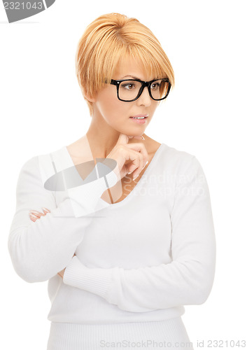 Image of pensive businesswoman over white