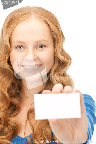 Image of happy woman with business card