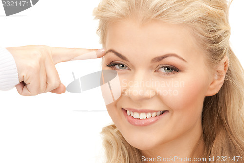 Image of pensive businesswoman over white