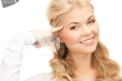 Image of pensive businesswoman over white