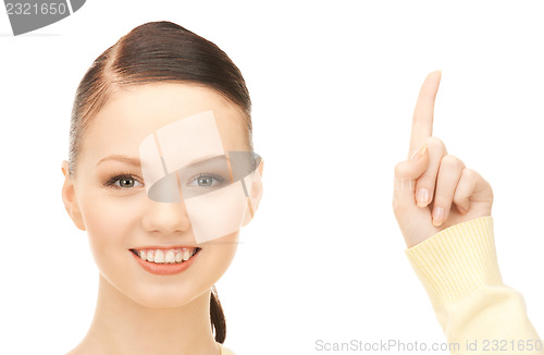 Image of  woman with her finger up	 