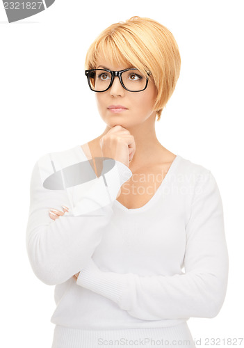 Image of pensive businesswoman over white