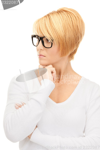 Image of pensive businesswoman over white