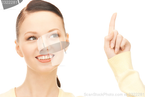 Image of  woman with her finger up	 