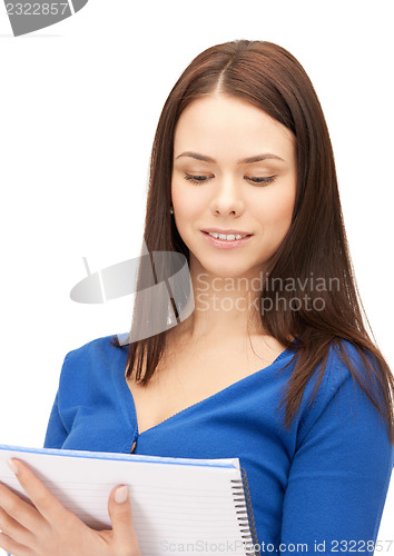 Image of happy woman with big notepad