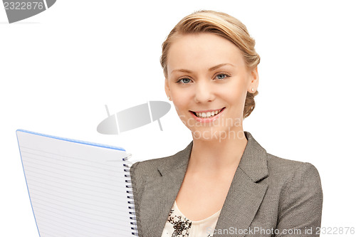 Image of happy woman with big notepad