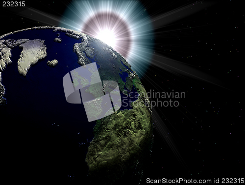 Image of earth with displacement map and sun on the background