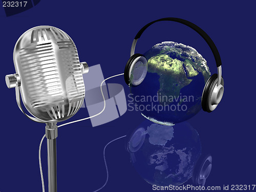 Image of earth with bumps and grids,headphones and vintage microphone