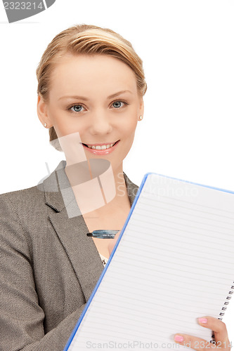 Image of happy woman with big notepad