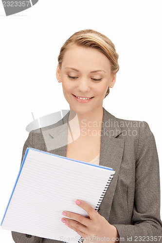 Image of happy woman with big notepad