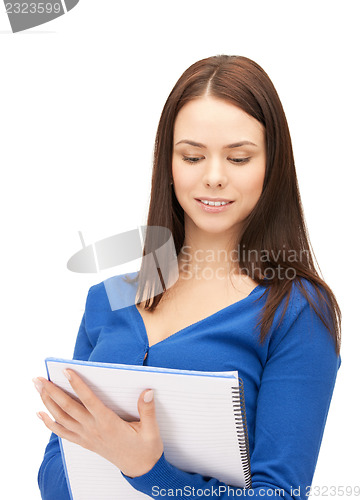 Image of happy woman with big notepad