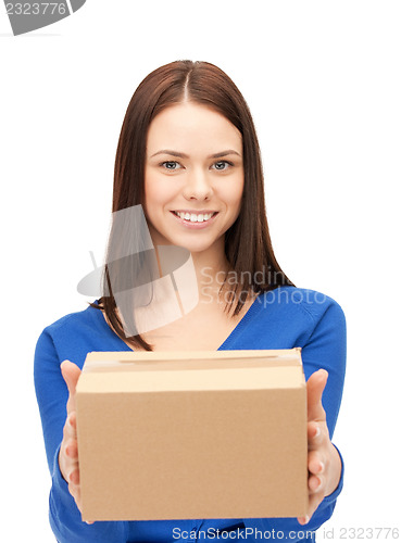 Image of attractive businesswoman with cardboard box