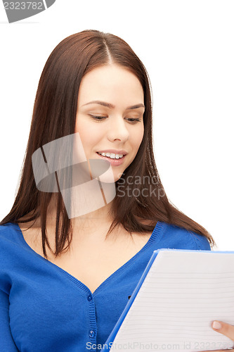 Image of happy woman with big notepad