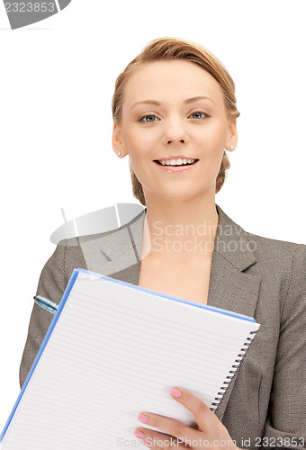 Image of happy woman with big notepad