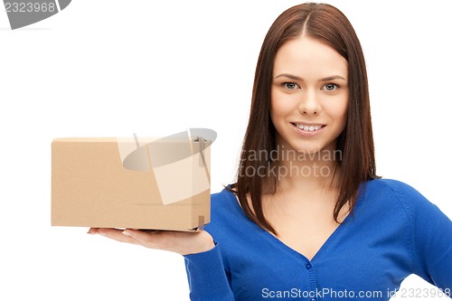 Image of attractive businesswoman with cardboard box