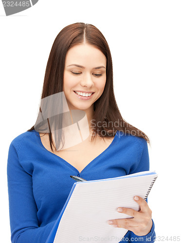 Image of happy woman with big notepad