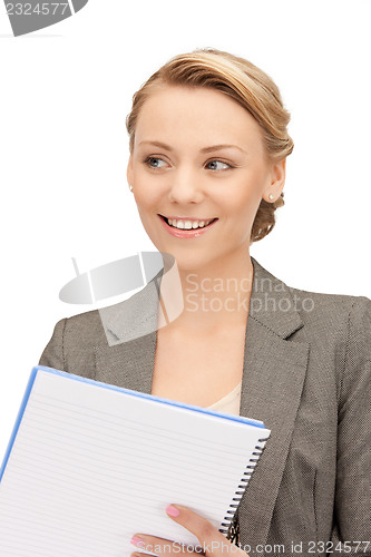 Image of happy woman with big notepad