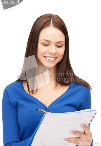 Image of happy woman with big notepad