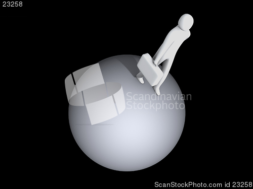Image of 3d person walking on a sphere holding a briefcase.