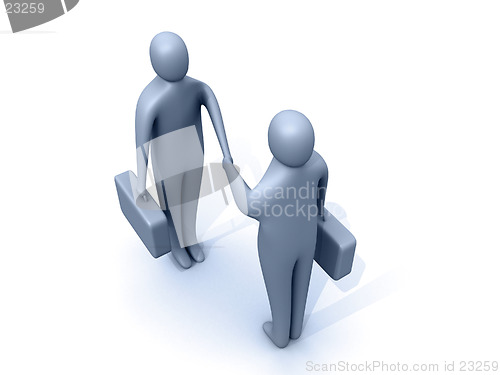 Image of 3d people holding briefcases shaking hands.