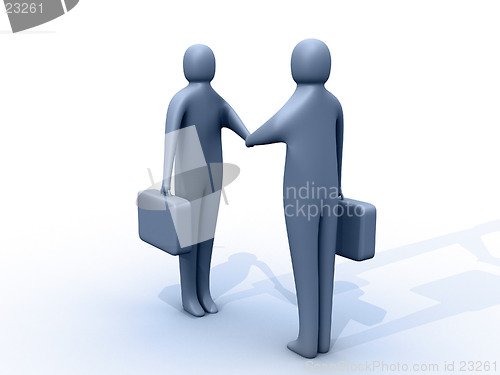 Image of 3d people holding briefcases shaking hands.